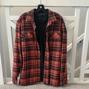 Patagonia Men's Plaid Shirt Jacket (L) with black Tshirt (M) - orange and Black